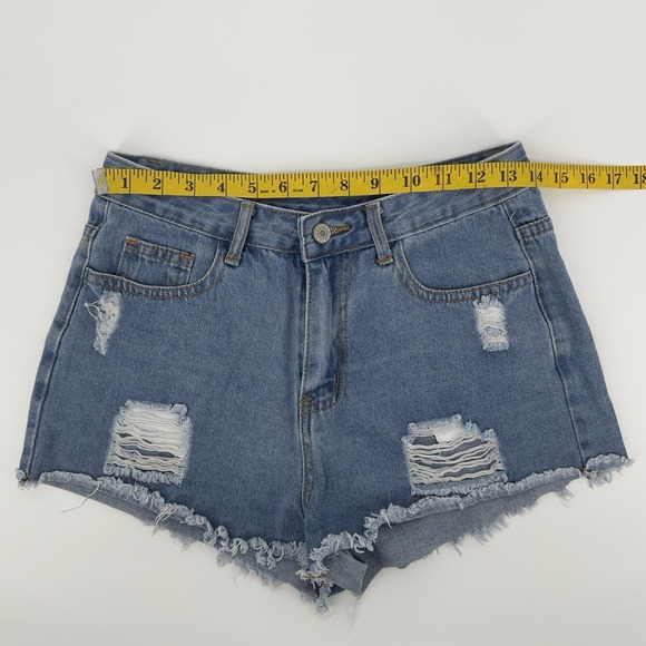 Women's Y2K Distressed Denim Cutoff Shorts + Orange Ribbed Tube Top Set Medium - Picture 6 of 13